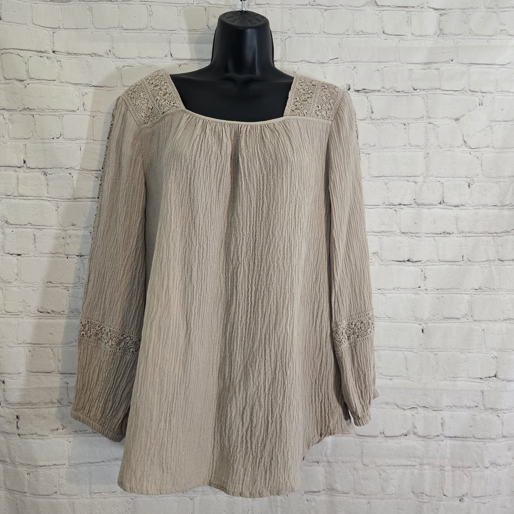 Soft Surroundings Beige Peasant Blouse Sz M Crochet Trim Prairie CottageCore